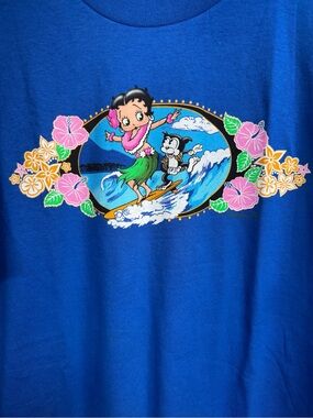 VTG Betty Boop Blue Polynesian Princess Surfing Floral Shirt
